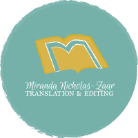 Site logo: Miranda Nicholas-Zaar - Translation & Editing; the image shows a book in the shape of the letter M